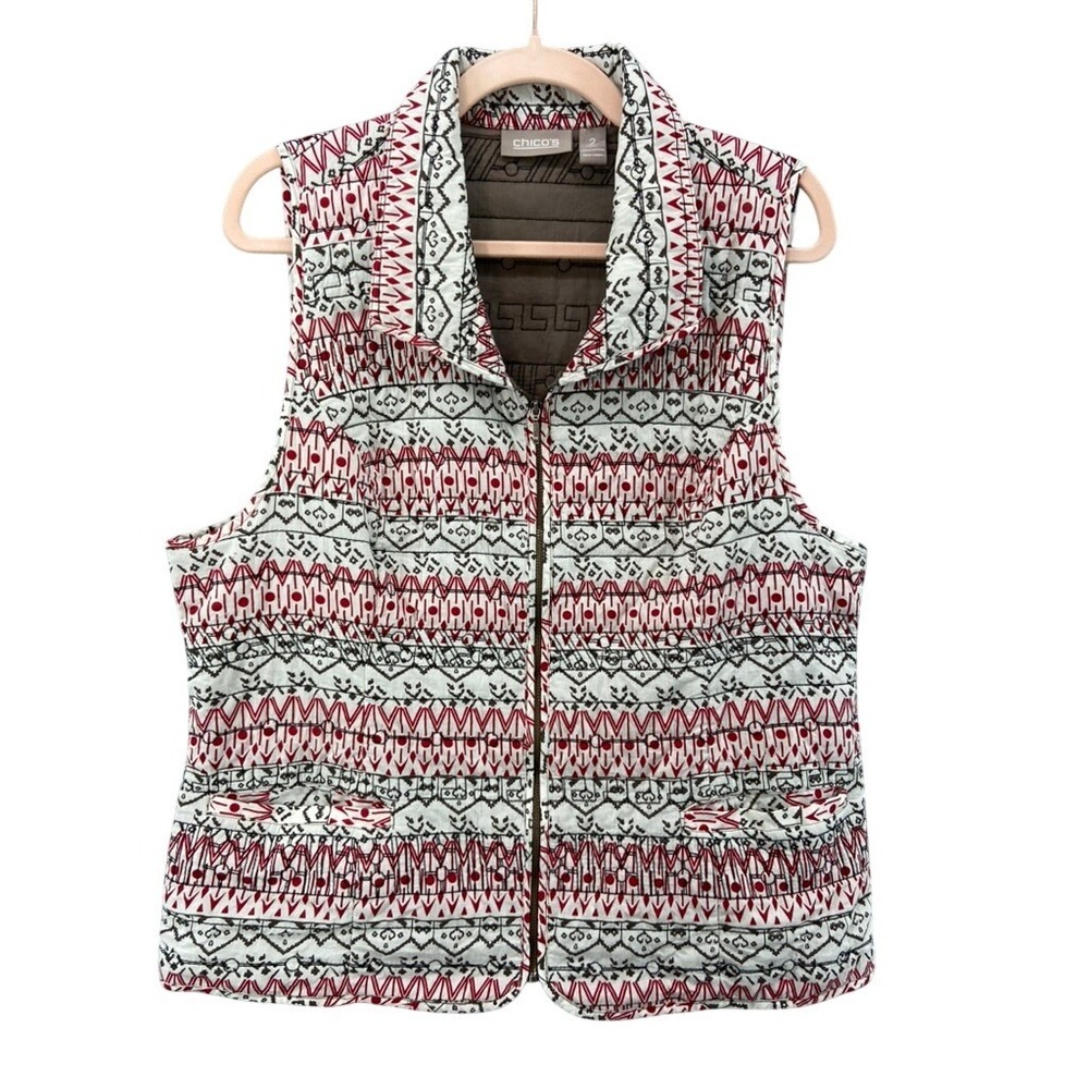 Chico's Vest Womens Sz 2 L‎ Quilted Red White Geometric Tribal Full Zip Artsy